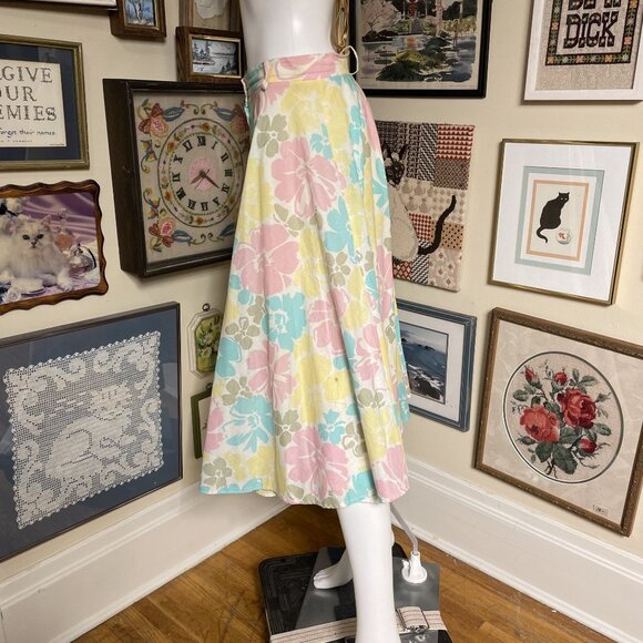 80s Vintage C&A 100% Cotton Pastel Floral High-Waisted A-Line Skirt Size M - Picture 2 of 5